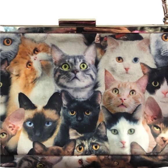 Cat Lady Box Cat Graphic Purse Magnetic Snap Closure Detachable Silver Chain - Picture 3 of 4